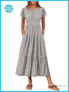 Women's Short Sleeve Maxi Dress A-Line Flowy Casual Sundress w/ Pockets
